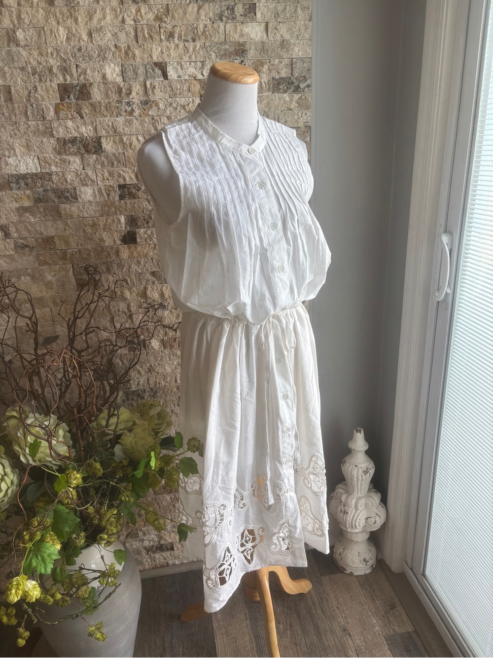 Sea White Sleeveless Button-Front Midi Dress with Eyelet Detail